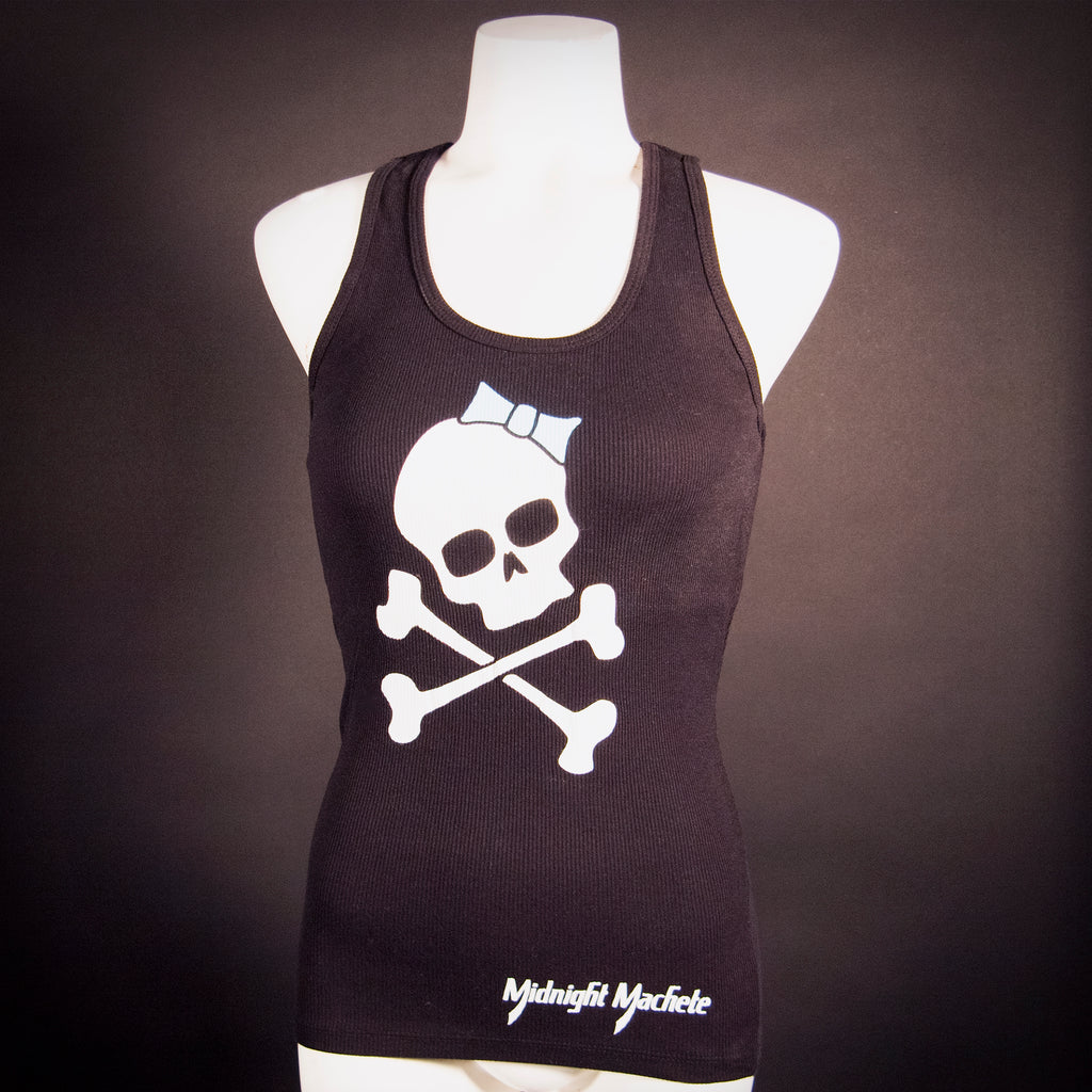 Midnight Machete Skull N Bows Ladies Ribbed Tank - Black